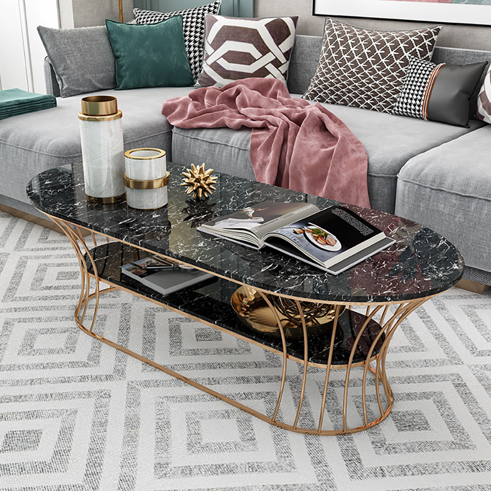 

Modern Marble Coffee Table with Shelf Metal Frame Black