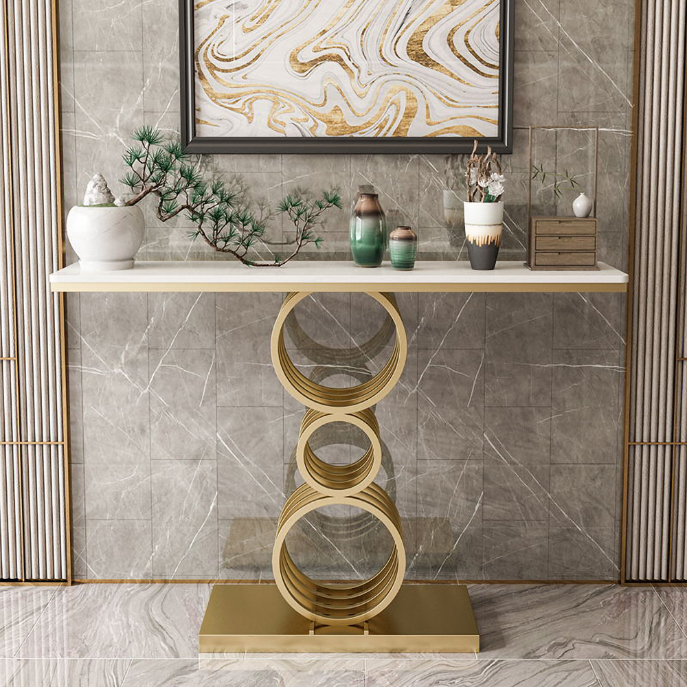 White Narrow Console Table Marble Top Entryway Table with Metal Base