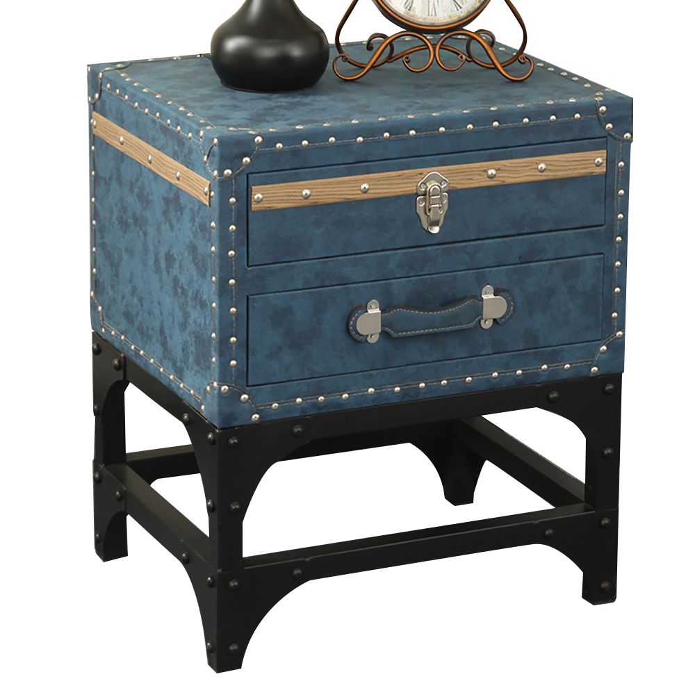 Blue PU Leather 2-Drawer Nightstand Upholstered Side Table with Storage for living Room