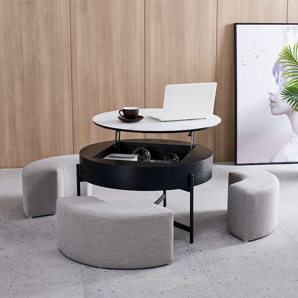Round Lift-Top Coffee Table with Storage White & Black without Stools