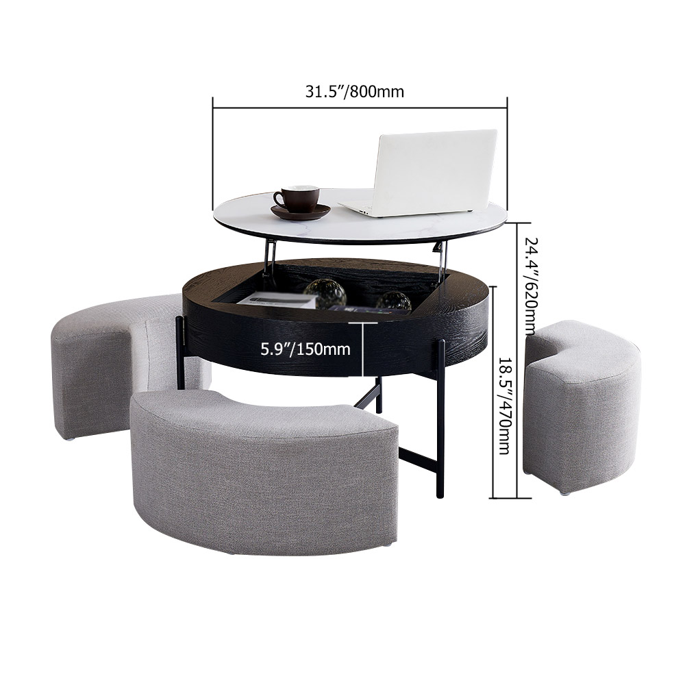 Round LiftTop Coffee Table with Storage White & Black without Stools
