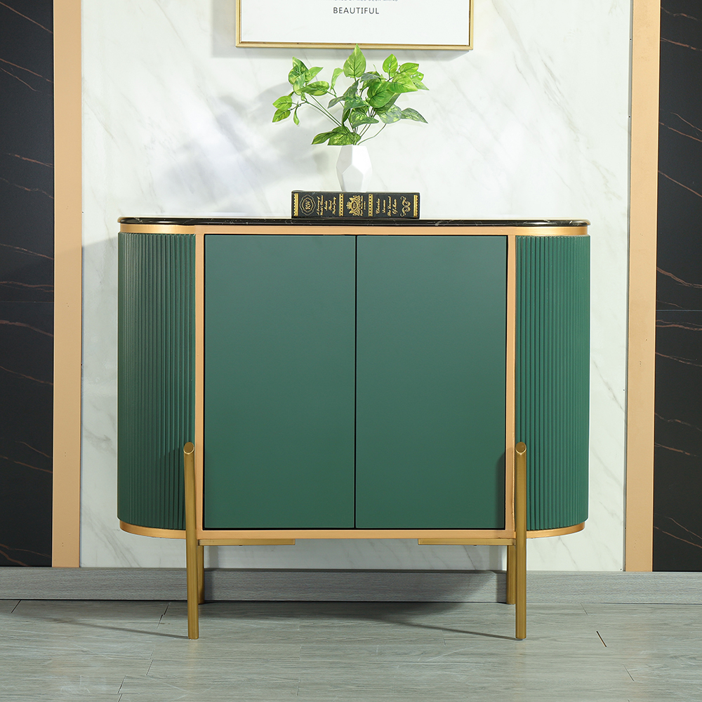 

Modern Green Display Cabinet Faux Marble Top Doors & Shelves Cabinet in Small