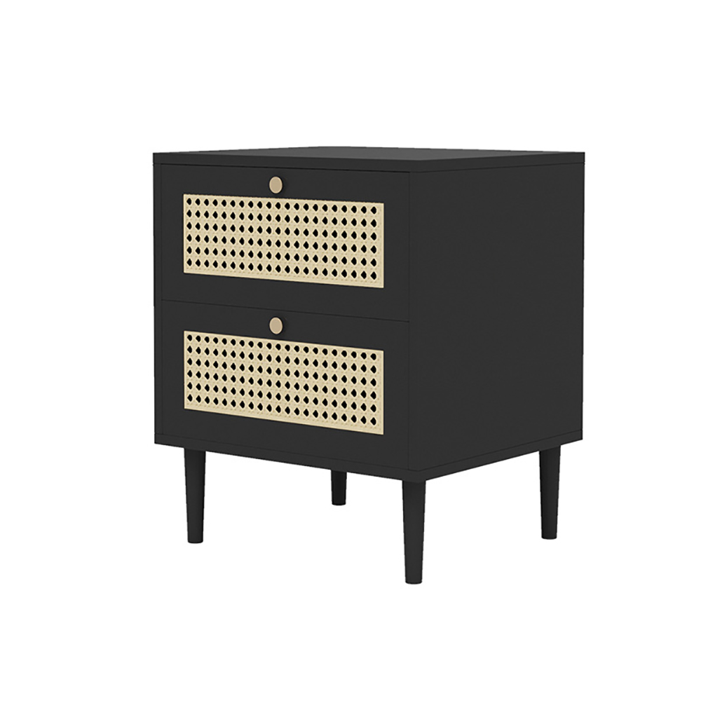 Nordic Black Nightstand Rattan Bedside Table with 2 Drawers Solid Wood