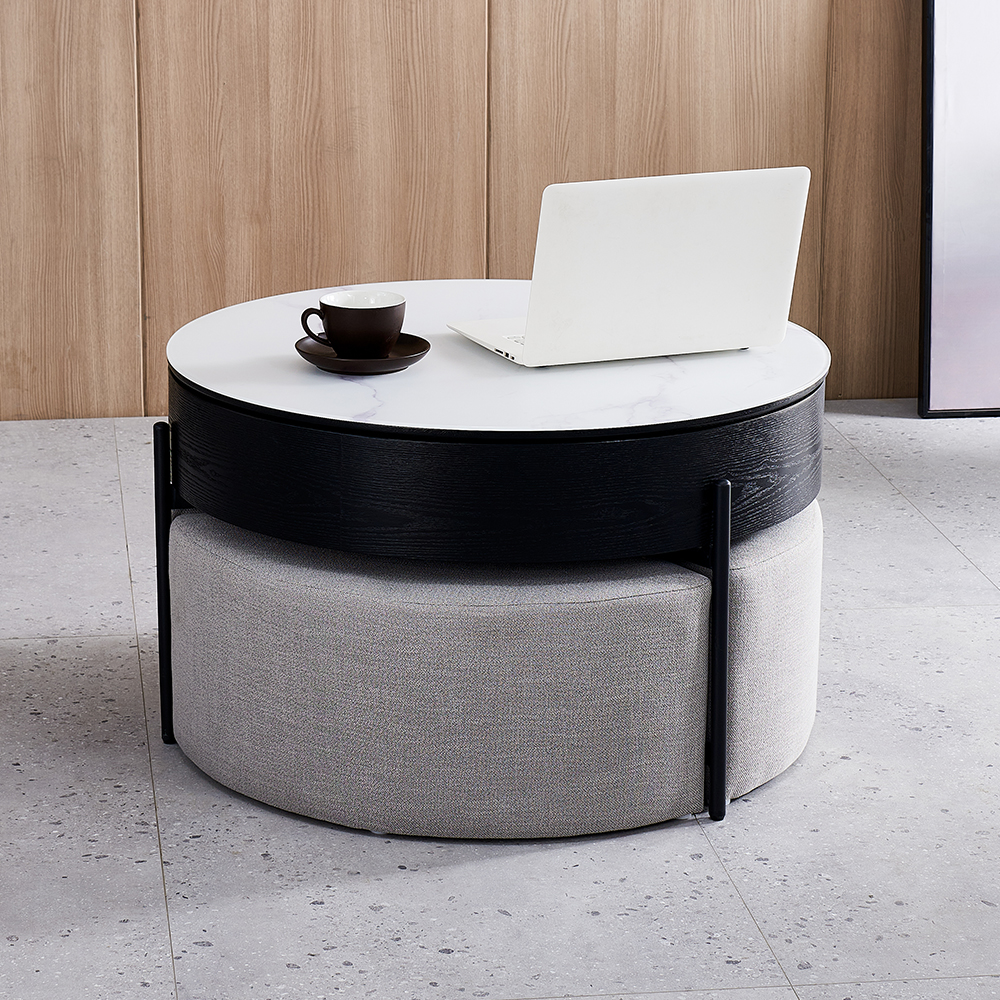 Round Lift-Top Coffee Table with Storage White & Black without Stools