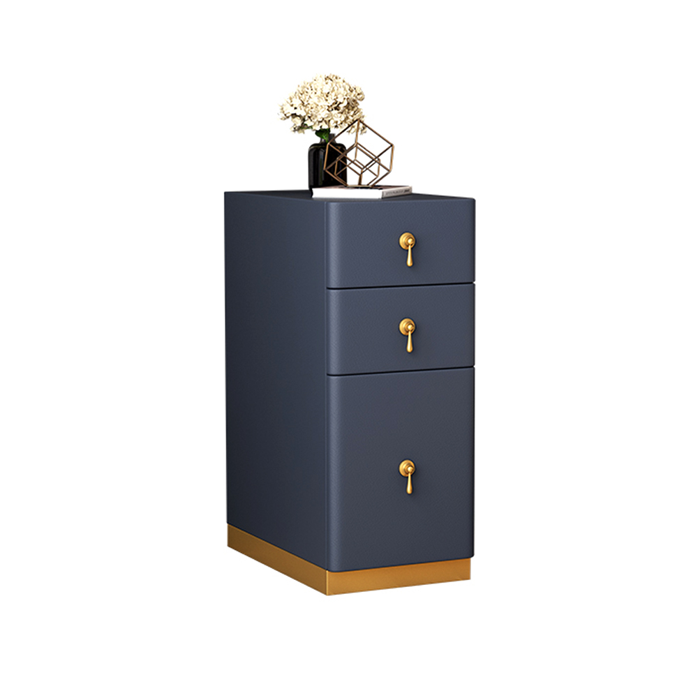 Blue 3-Drawer Nightstand Narrow Bedside Table with Faux Leather Upholstery