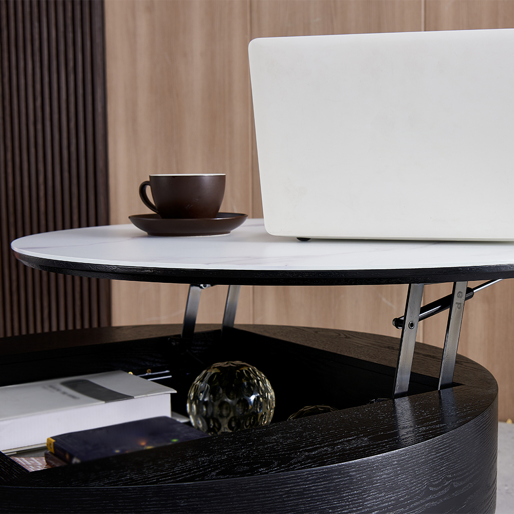 Round Lift-Top Coffee Table with Storage & 3 Ottoman White & Black