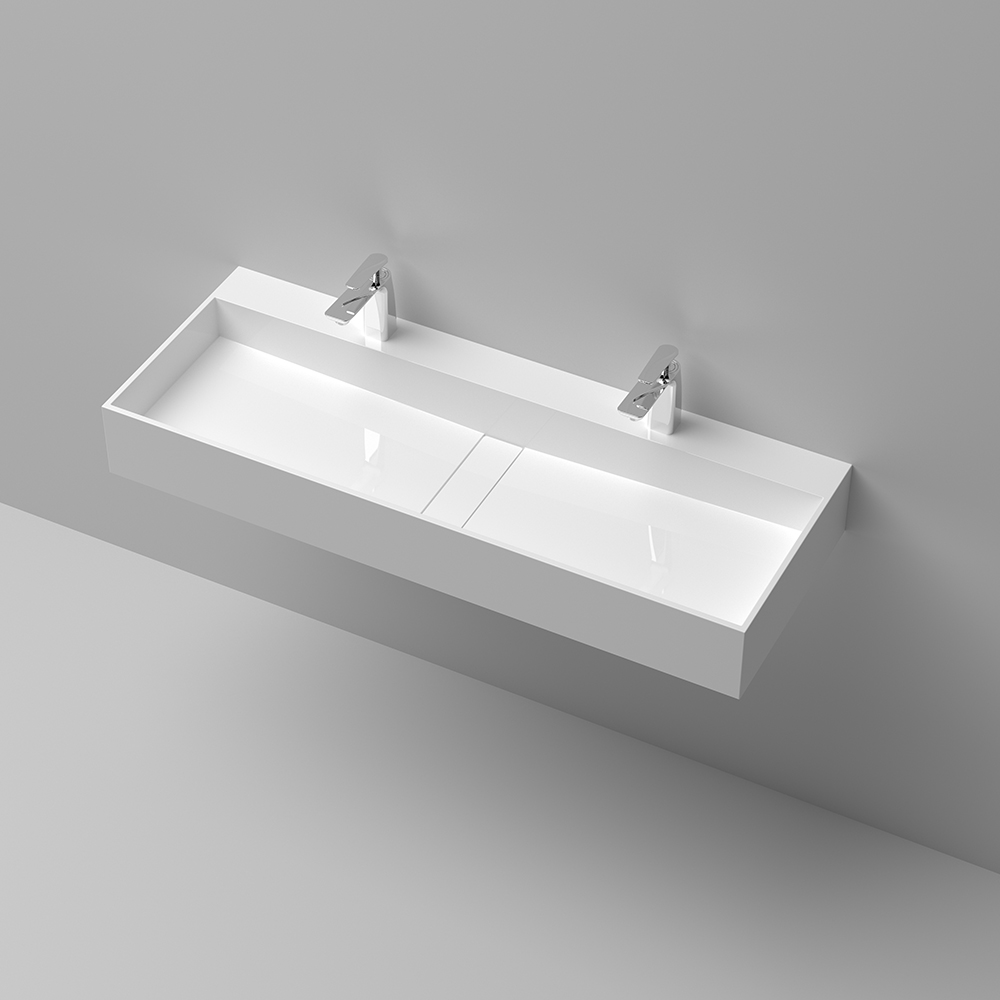 Image of 47 Inch Wall-Mount Double Sink Stone Resin Glossy White Trough Bathroom Sink
