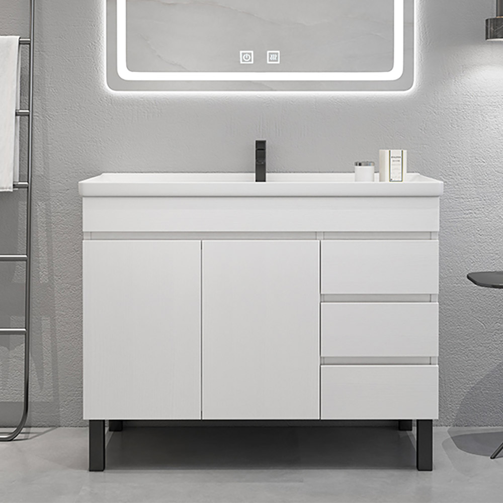 920mm moderne weiße Badezimmer-Eitelkeit Keramik Einzelwaschbecken freistehend mit 3 Schubladen