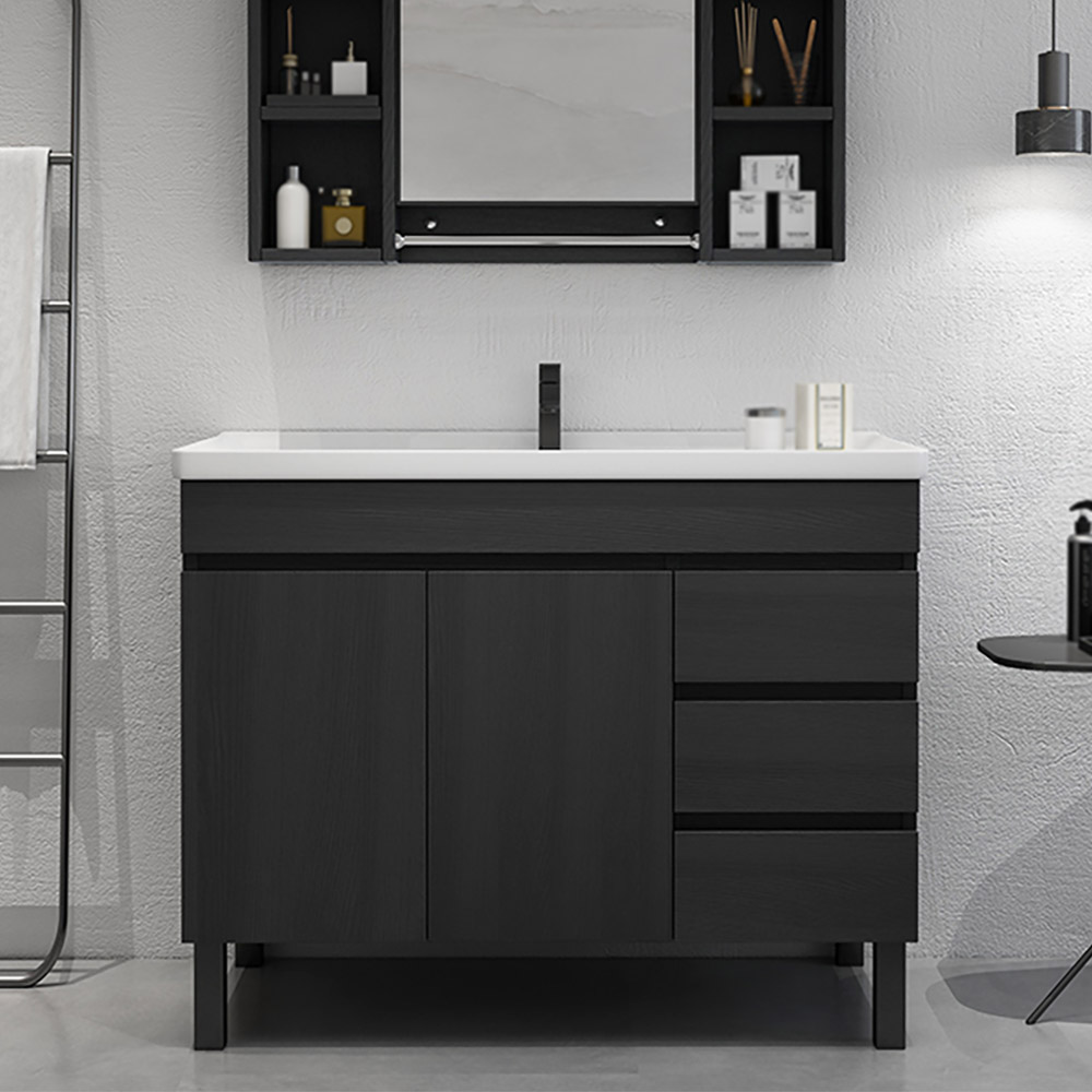 1020mm moderne schwarze Badezimmer-Eitelkeit Keramik Einzelwaschbecken freistehend mit 3 Schubladen