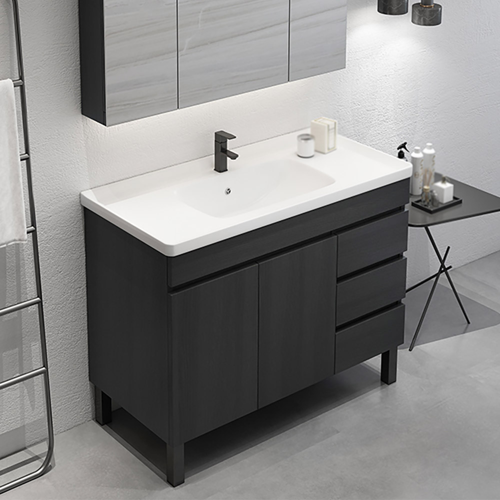 Tocador de baño negro moderno de 920 mm, lavabo individual de cerámica independiente con 3 cajones