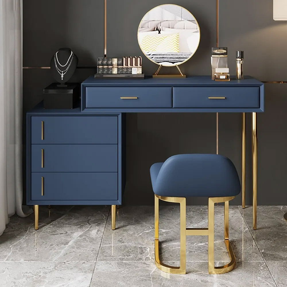 Image of Modern Blue Makeup Vanity Set Retracted Dressing Table Cabinet&Stool&Mirror Included