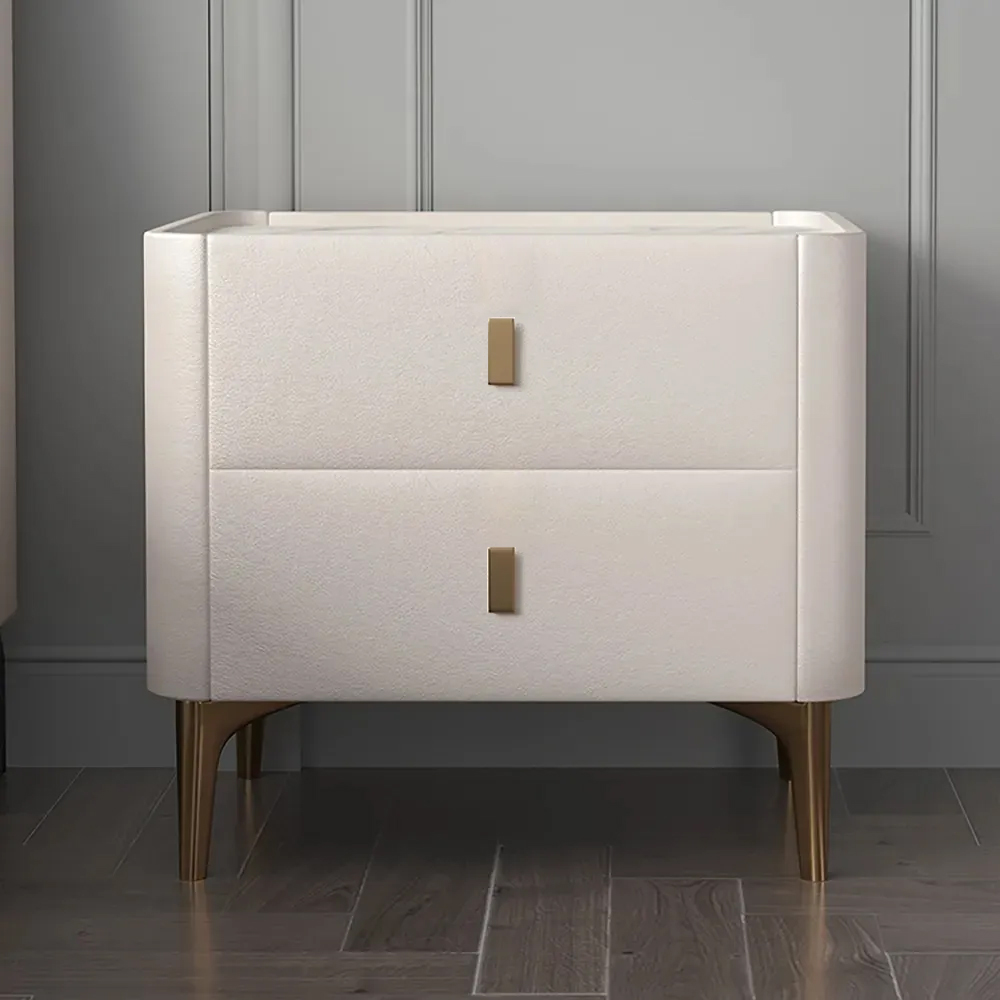 Modern Off White Nightstand 2-Drawer Bedside Cabinet with Stone Top & Microfiber Leather