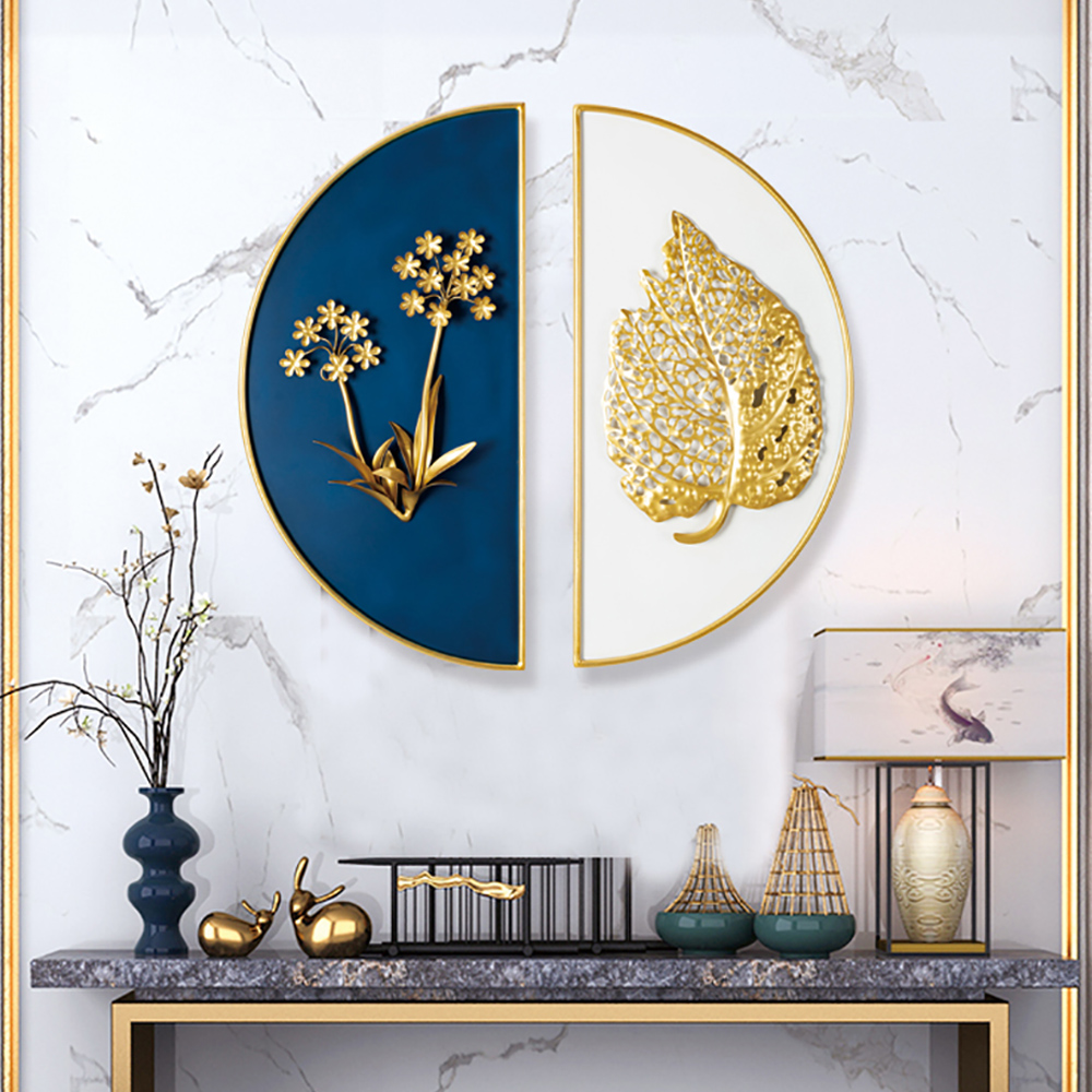 Image of 2 Pieces Glam Metal Wall Decor Home Art in Gold & Blue with Semi-Circle Design