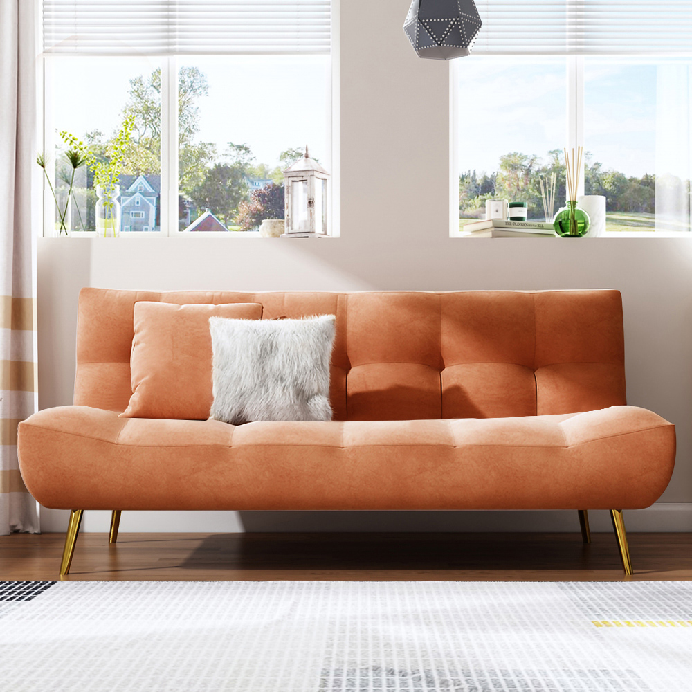 1800mm Orange Sleeper Sofa Bed Convertible Sofa Couch Velvet Upholstery