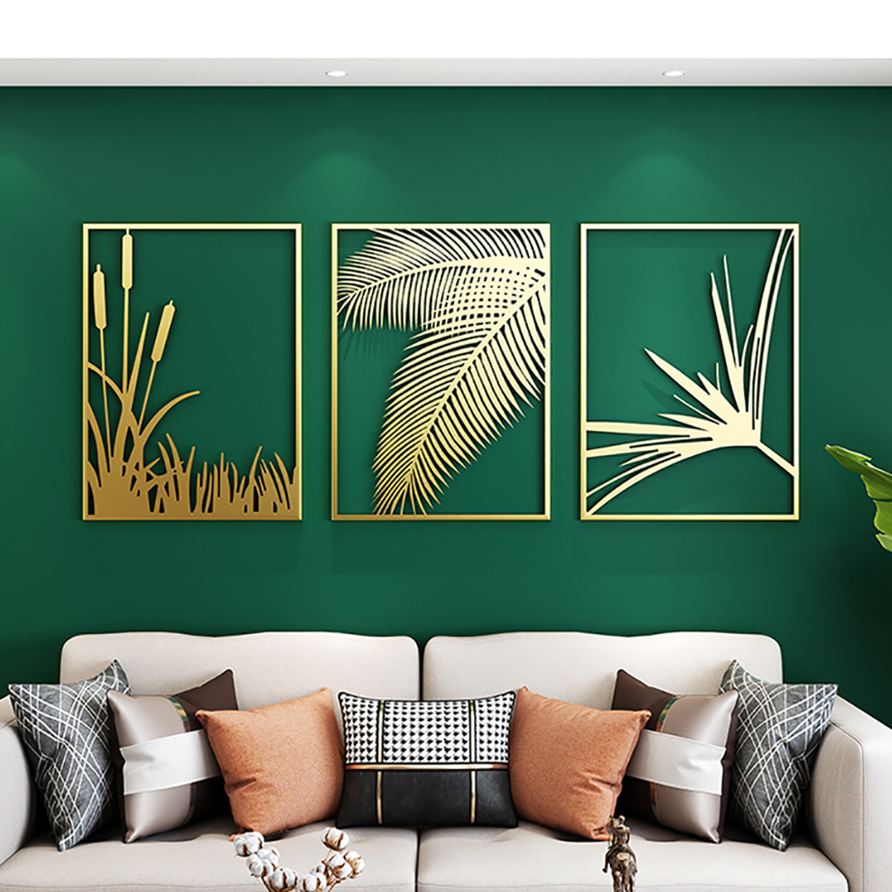 3 Pieces Modern Gold Metal Wall Decor Plant Art with Rectangular Frame