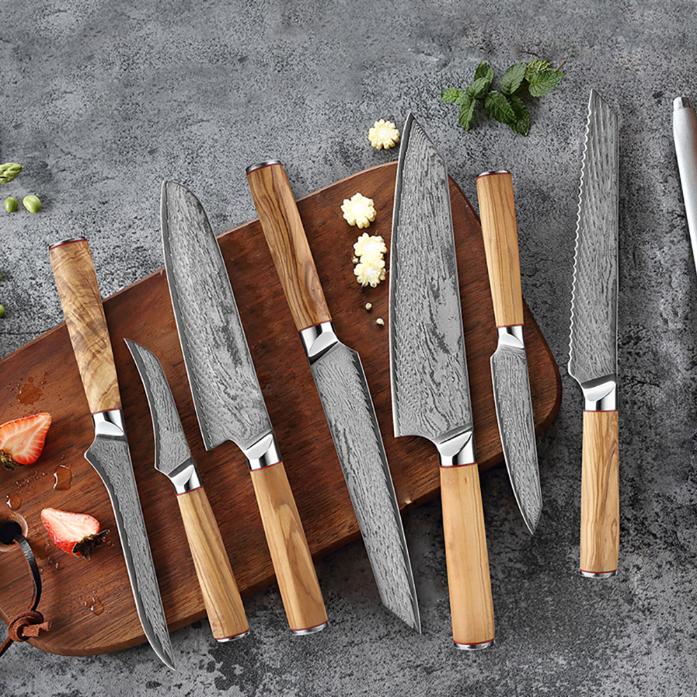 Image of 9 Pieces Damascus Kitchen Knife Set with Block Damascus Chef Knives