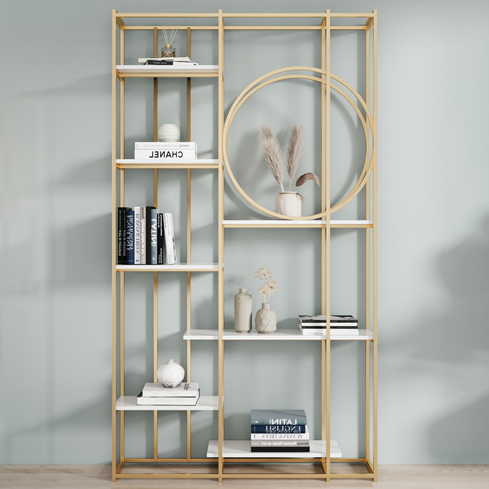 Modern 7-Tier Rectangle Freestanding Geometric Bookshelf in Gold & White