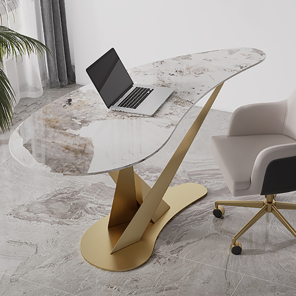 Image of 55.1" Creative Desk for Home Office Stone Top Stainless Steel Computer Desk
