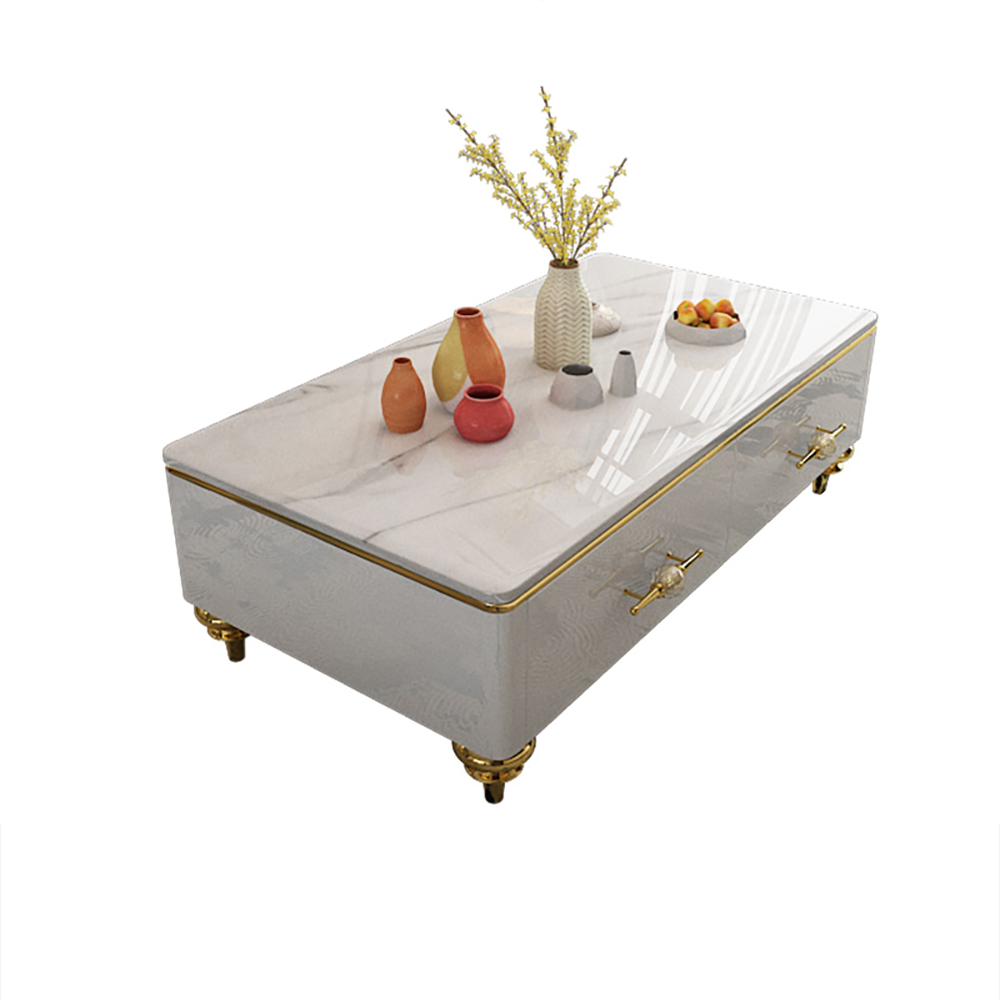 51" Modern Marble White Coffee Table & Storage Drawers Gold Stainless Steel Legs