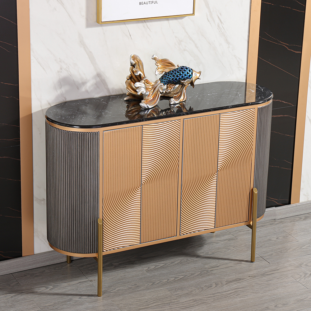 

Italian Gray & Gold Buffet Oval Faux Marble Top Sideboard 4 Doors