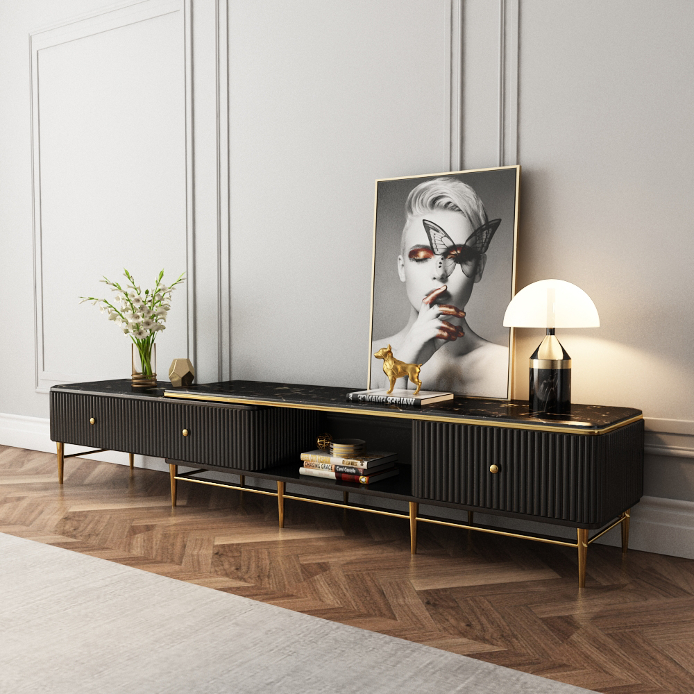 

Modern Black TV Stand Faux Marble Top Extendable 3-Drawer Media Console