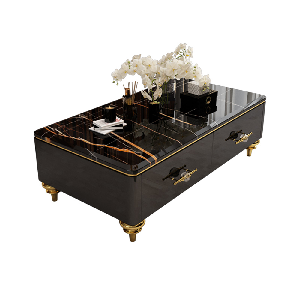 51.2" Modern Marble Coffee Table & Storage Drawers Gold Stainless Steel Legs