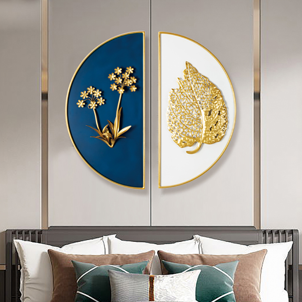 2 Pieces Glam Metal Wall Decor Home Art in Gold & Blue with Semi-Circle Design