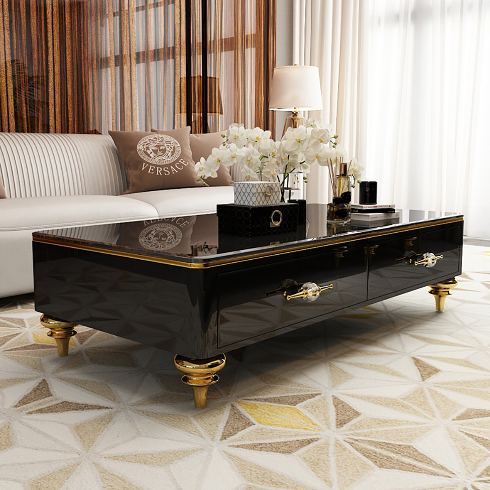 51.2" Modern Marble Coffee Table & Storage Drawers Gold Stainless Steel Legs