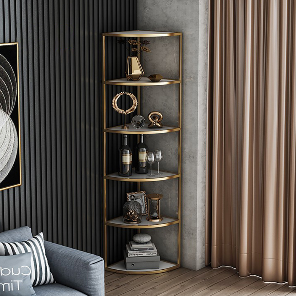 6-Tier Modern Fan-Shaped Shelves Standing Corner Shelf in White&Gold