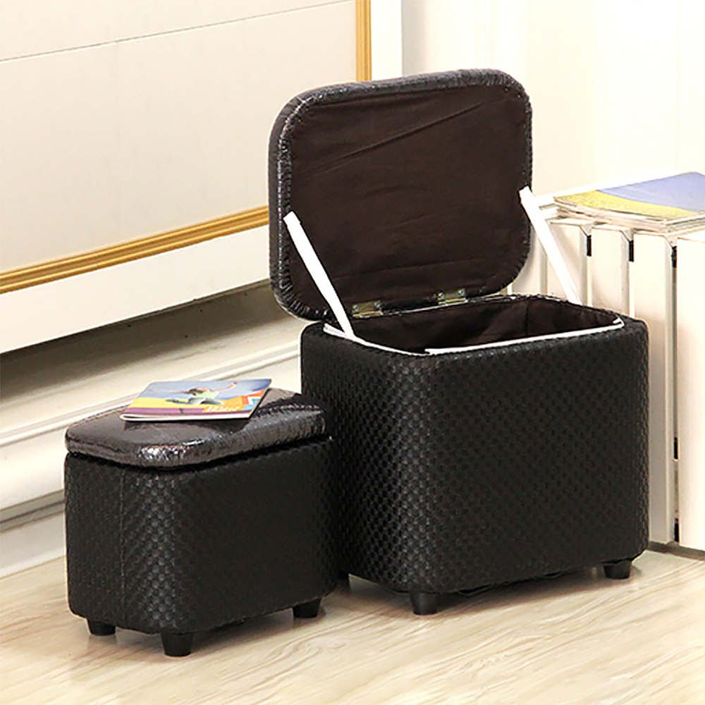 

Set of 2 Black PU Leather Storage Ottoman Stool