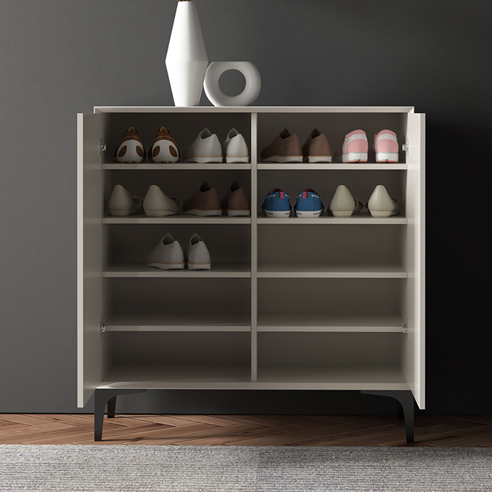Nordic Minimalist Off White Wooden Shoe Cabinet with 2-Door 8-Shelf