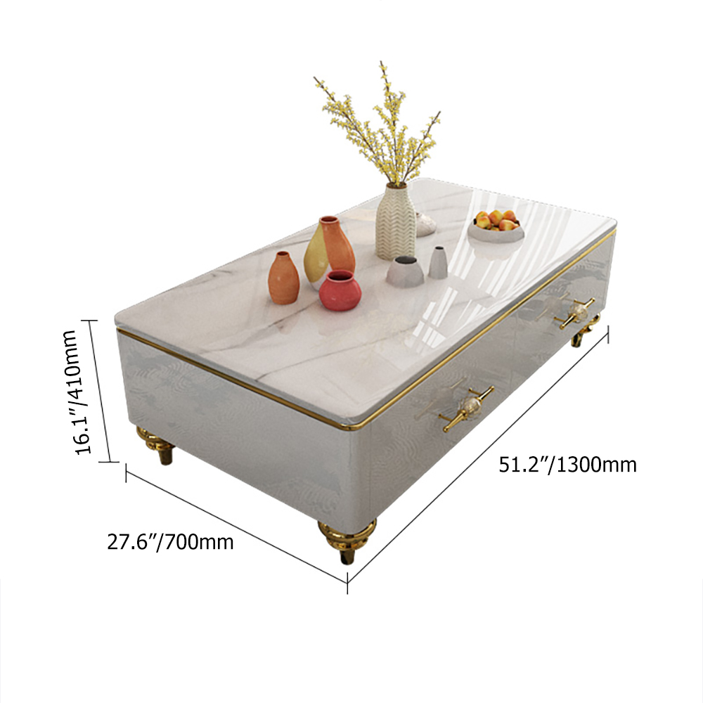 51" Modern Marble White Coffee Table & Storage Drawers Gold Stainless Steel Legs