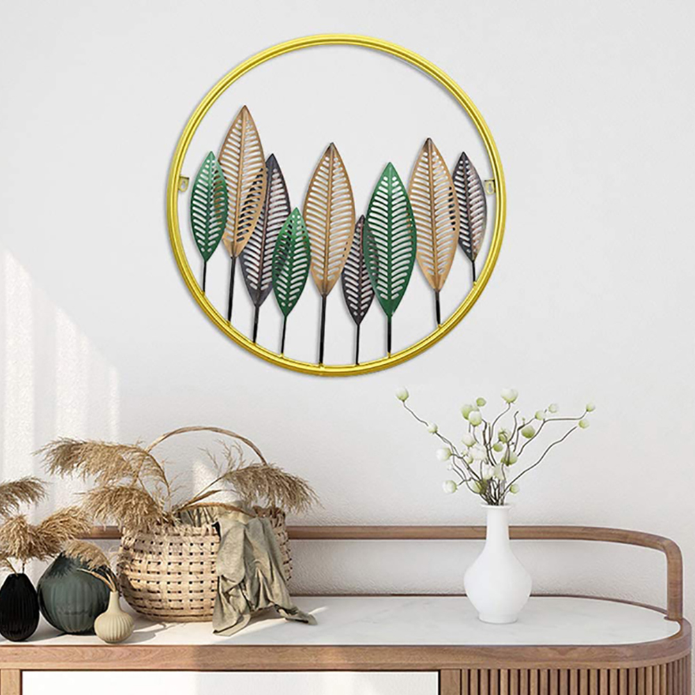 

Vintage Gold Round Frame Metal Leaves Home Wall Decor Hanging Accent