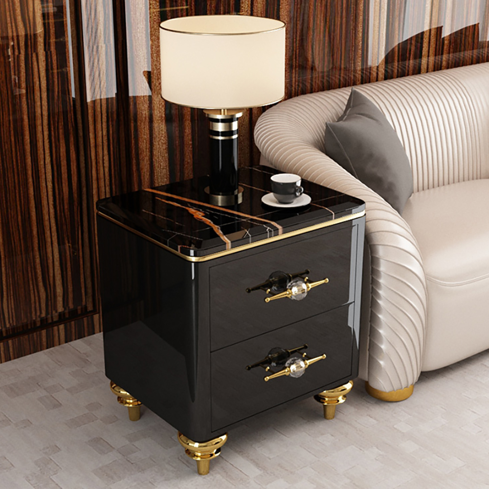 

Small Marble Top End Table Modern Side Table with 2 Drawers Nightstand, Black