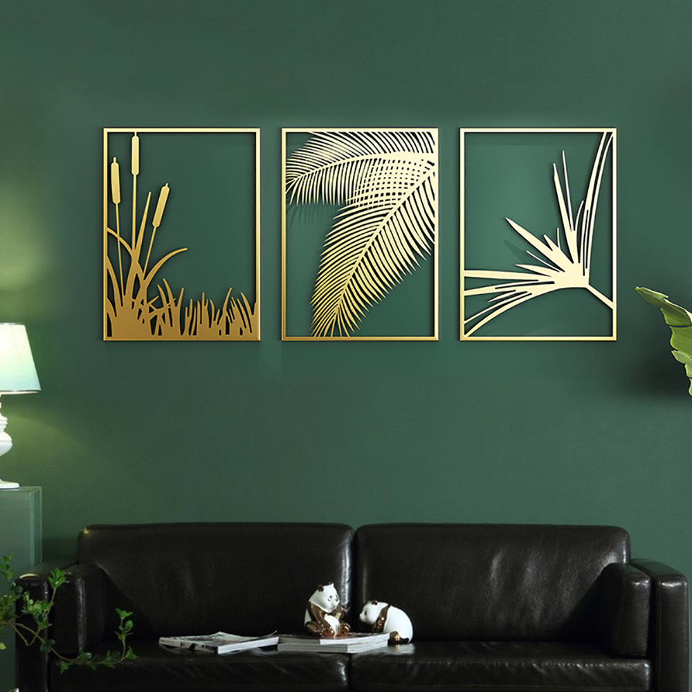 3 Pieces Modern Gold Metal Wall Decor Plant Art with Rectangle Frame