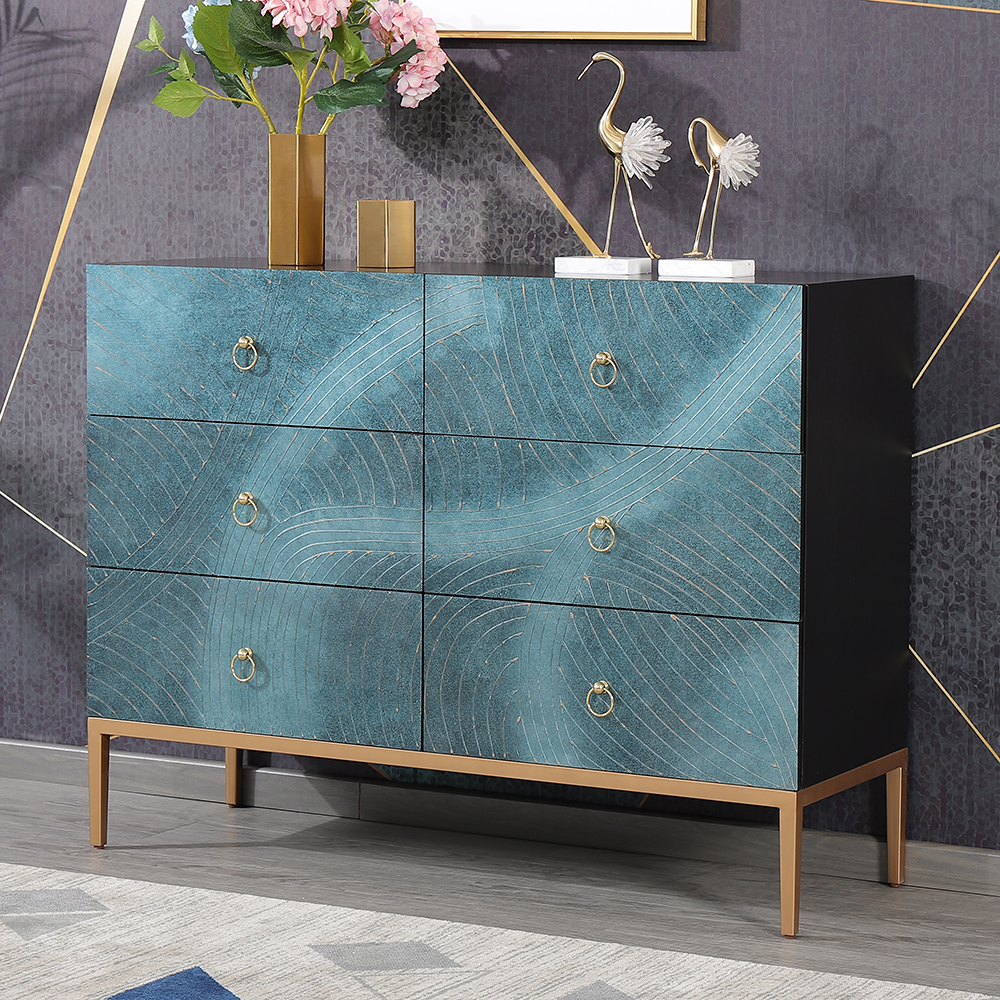 Image of 47" Blue-Green Dresser Artistic 6-Drawer Bedroom Cabinet in Gold