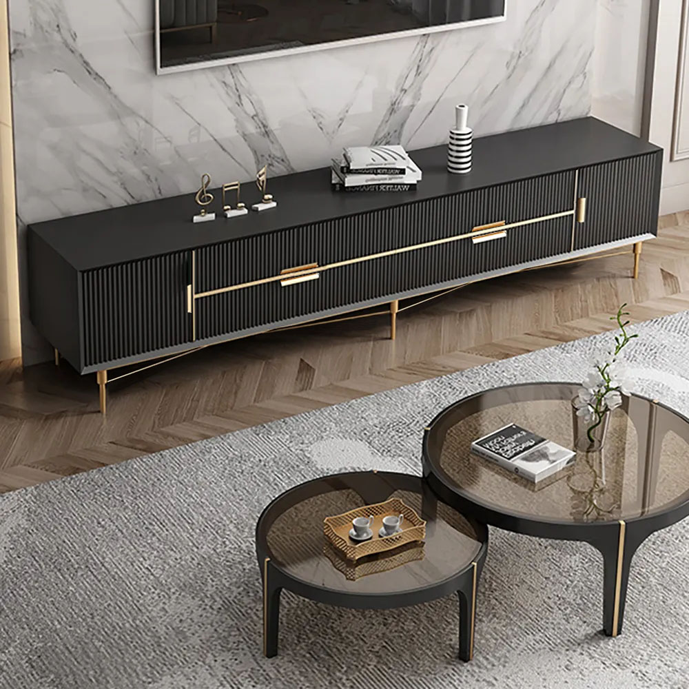 Modern Black TV Stand 4-Drawer 2-Door Media Console Gold Finish in Large