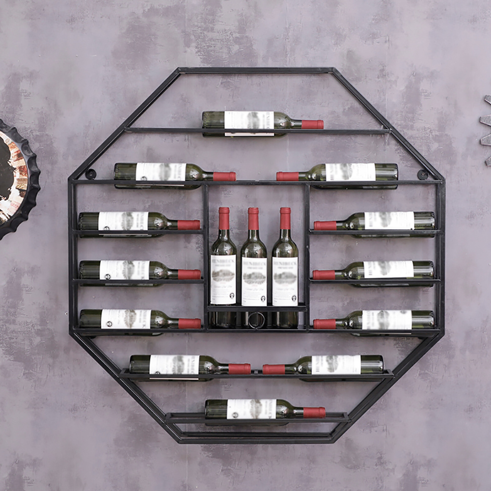 Image of Industrial Black Octagonal Wall Mounted Wine Rack Wine Shelf in Steel