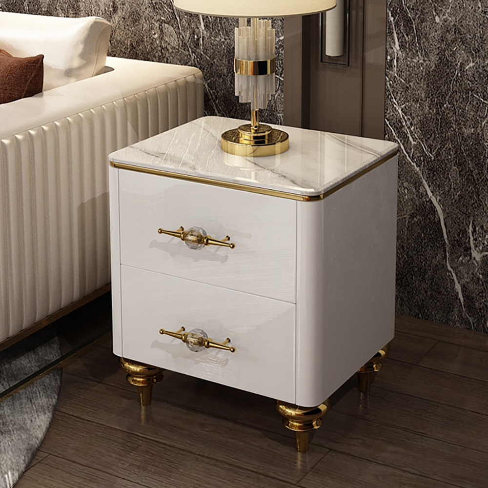 

Small Marble Top End Table Modern Side Table with 2 Drawers Nightstand