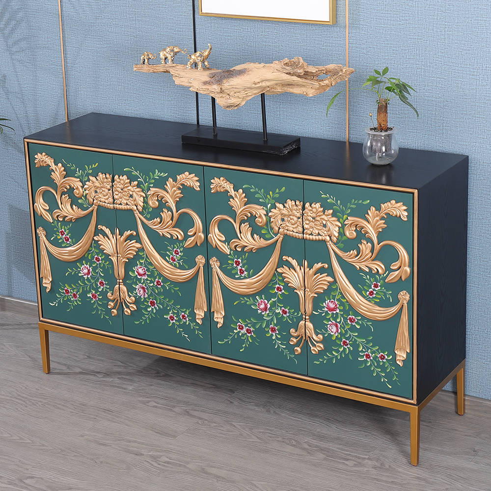 

59" Luxury Green & Gold Buffet Floral Embossment 4-Door 4-Shelf Sideboard Cabinet