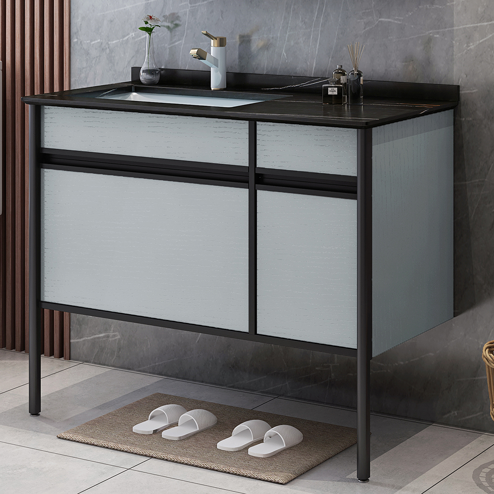 

39.4" Free-Standing Gray Bathroom Vanity Stone Top Ceramics Undermount 3 Drawers