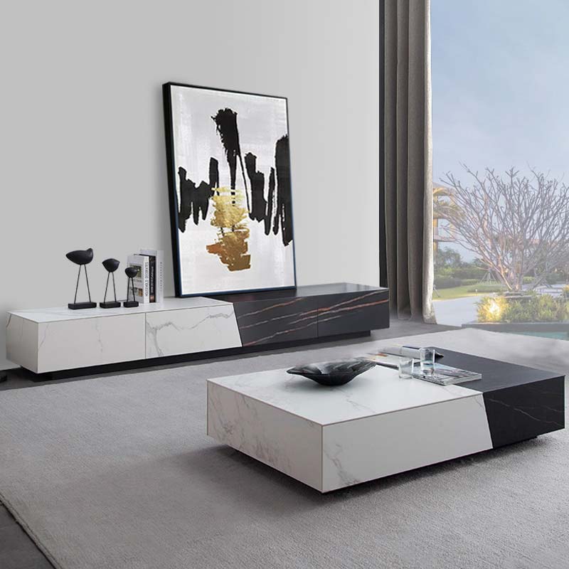 White & Black Stone TV Stand with Drawer Media Console