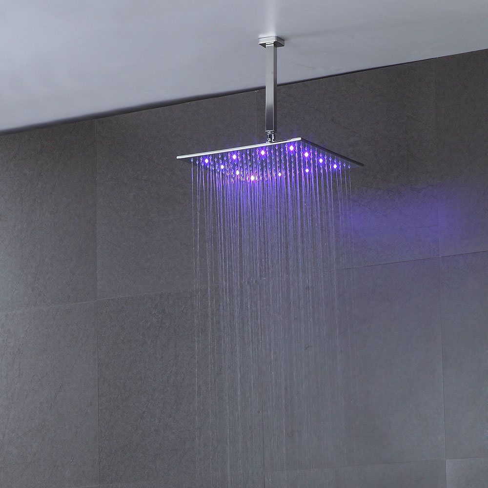 Modern 16 Inch LED Square Stainless Steel Rain Showerhead in Polished Chrome