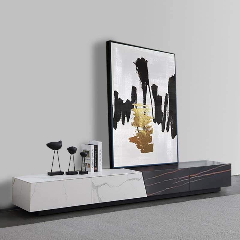 White & Black Stone TV Stand with Drawer Media Console