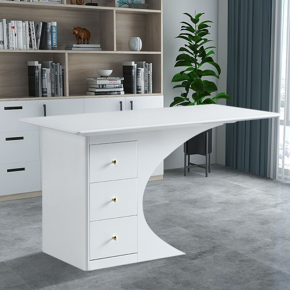 Image of 55.1" Modern White Rectangular Office Desk with Drawers