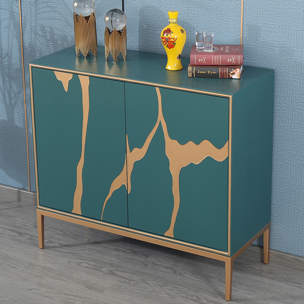 

39" Postmodern Green & Gold Display Cabinet 2-Door 4-Shelf Artistic Cabinet