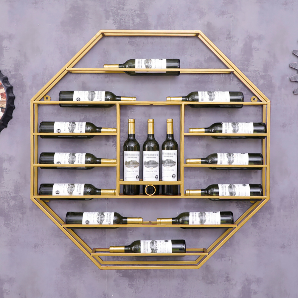 Image of Industrial Gold Octagonal Wall Mounted Wine Rack Wine Shelf in Steel
