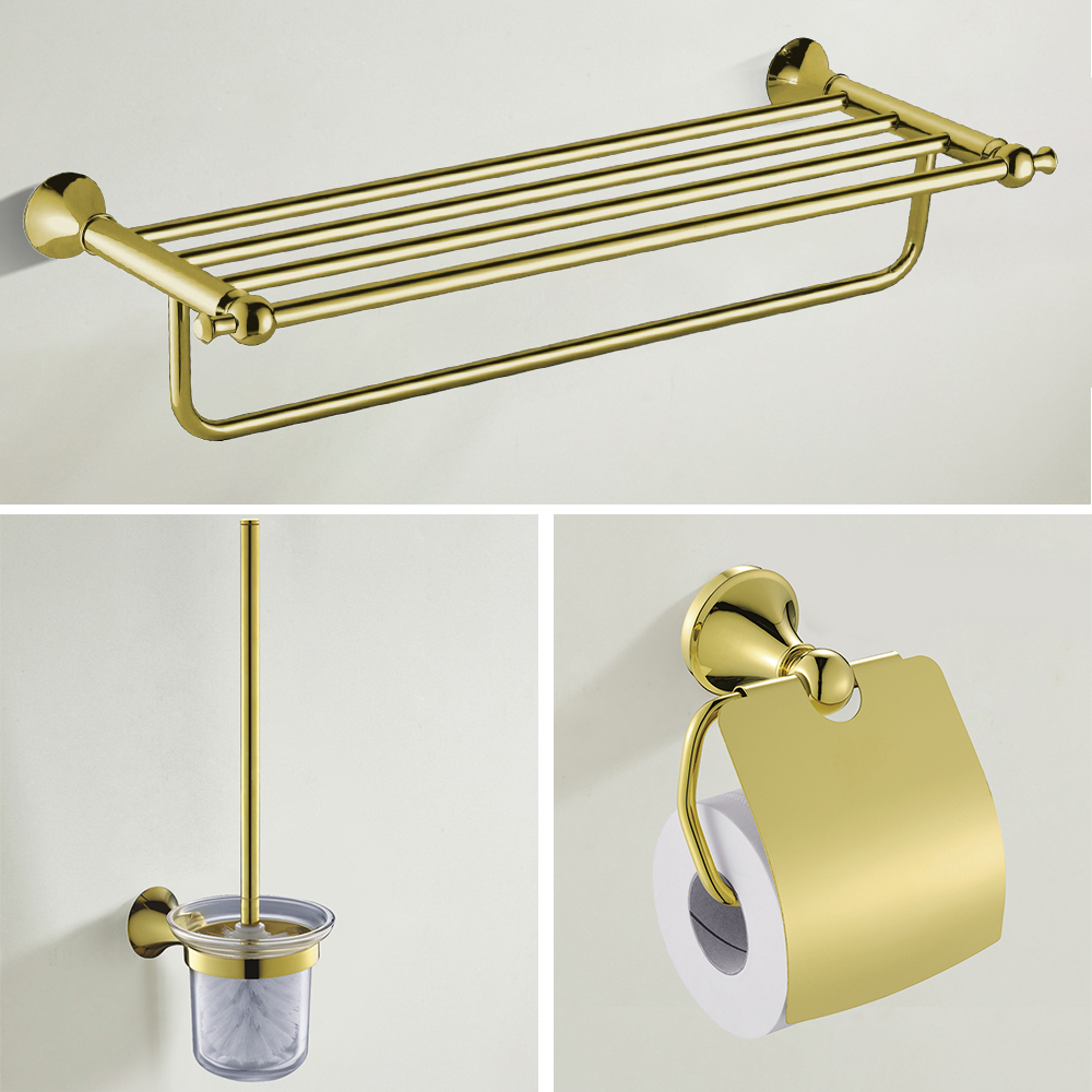 3-piece Brass Bathroom Hardware Set Towel Rack In Gold