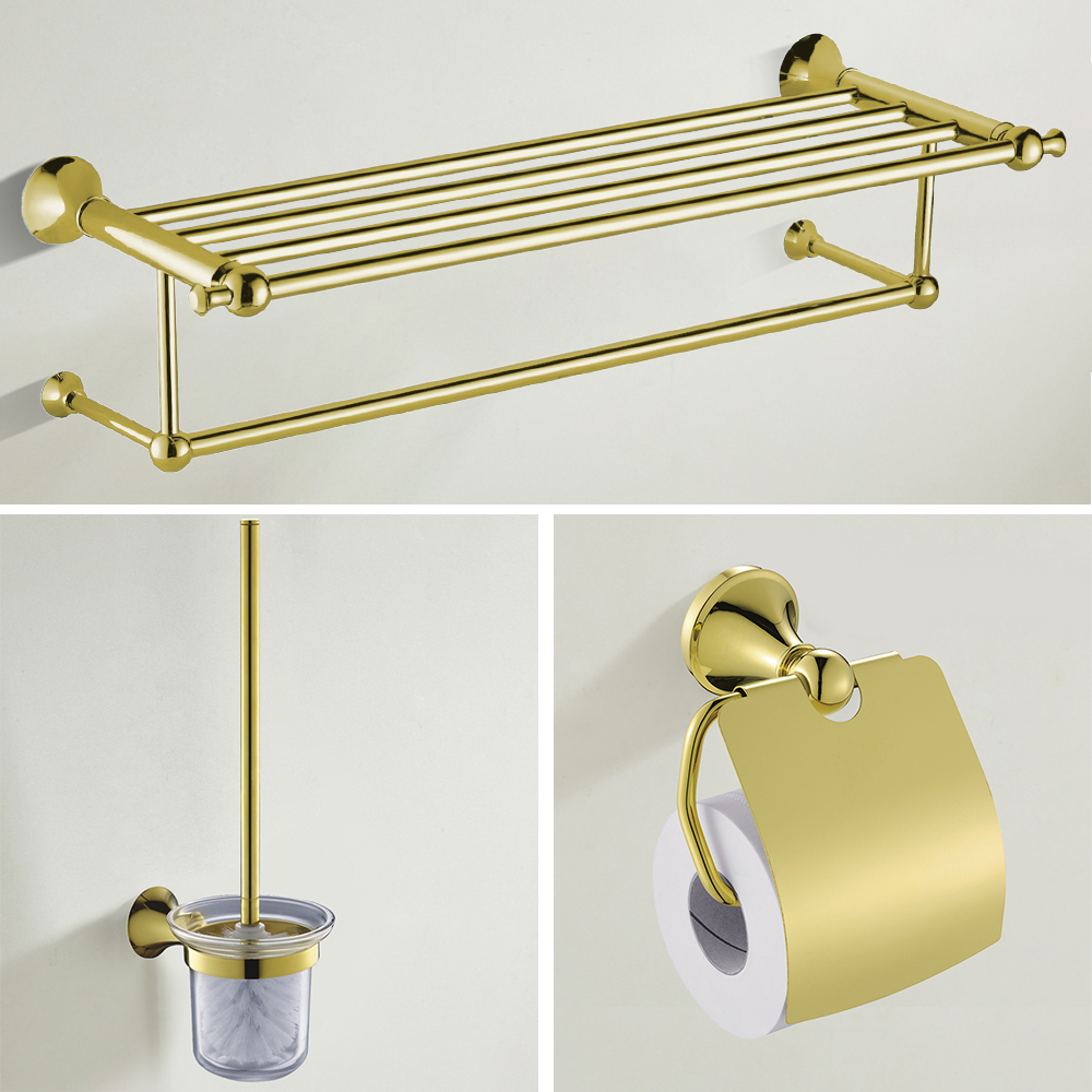 3-piece Brass Bathroom Hardware Set Accessories Towel Racks In Gold