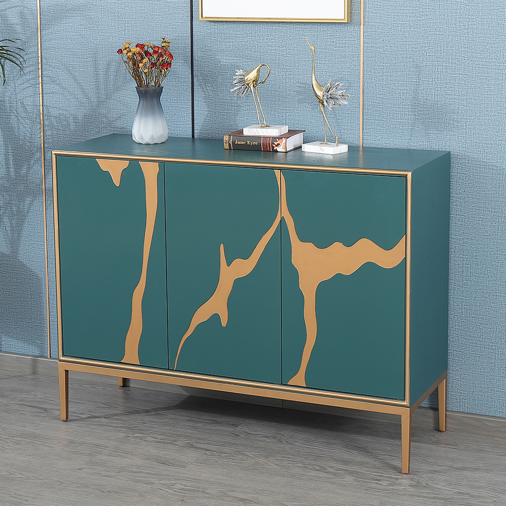 

47" Postmodern Green & Gold Buffet 3-Door 4-Shelf Sideboard Cabinet in Small